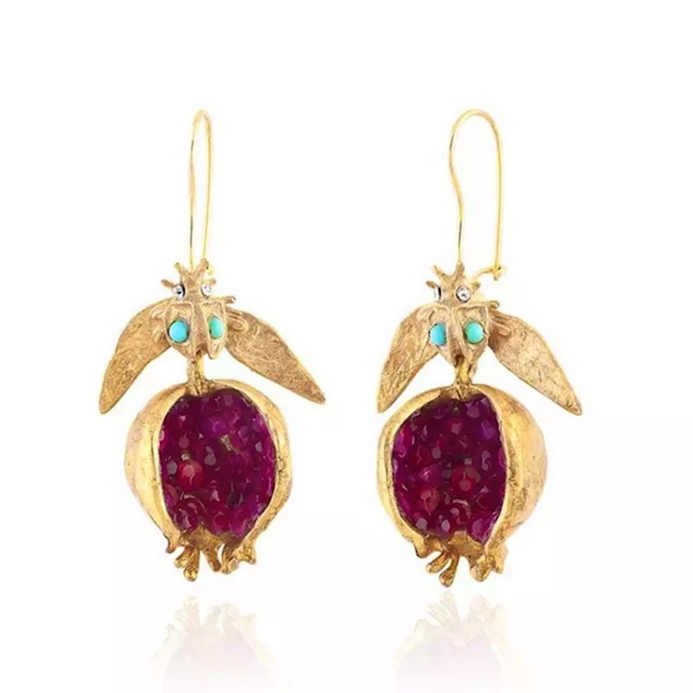 Jeweled Pomegranate Gold Dangle Unique Earrings - Picture 4 of 5